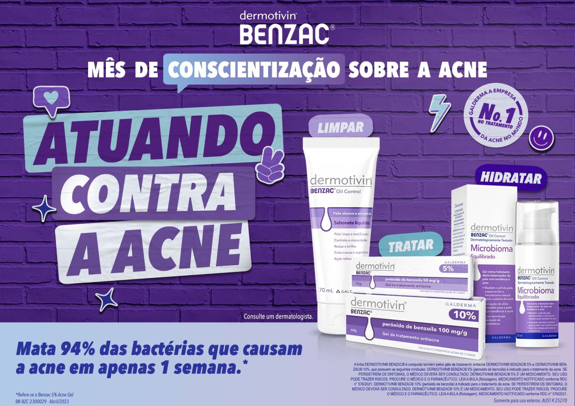 Na parte superior, uma substância gel creme, na parte inferior, a embalagem do produto Gel Creme Microbioma Equilibrado Dermotivin Benzac Oil Control.