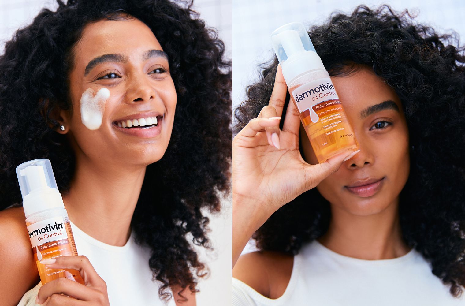 Mulher negra com maquiagem leve e natural, para uma pele bonita, segurando a espuma de limpeza Dermotivin Oil Control.