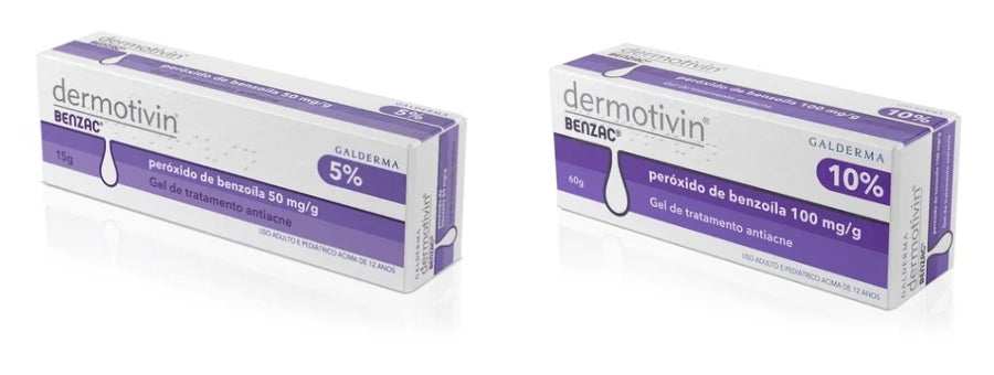 À esquerda, embalagem de gel de tratamento antiacne 5% Dermotivin Benzac. À direita, embalagem de gel de tratamento antiacne 10% Dermotivin Benzac.