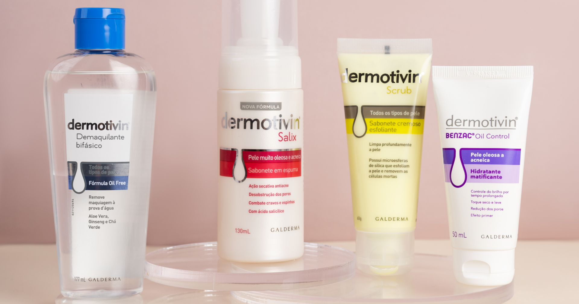 Embalagens de produtos Dermotivin, da esquerda para a direita: demaquilante bifásico Dermotivin, sabonete em espuma Dermotivin Salix, sabonte cremoso esfoliante Dermotivin Scrub e hidratante matificante Dermotivin Benzac.