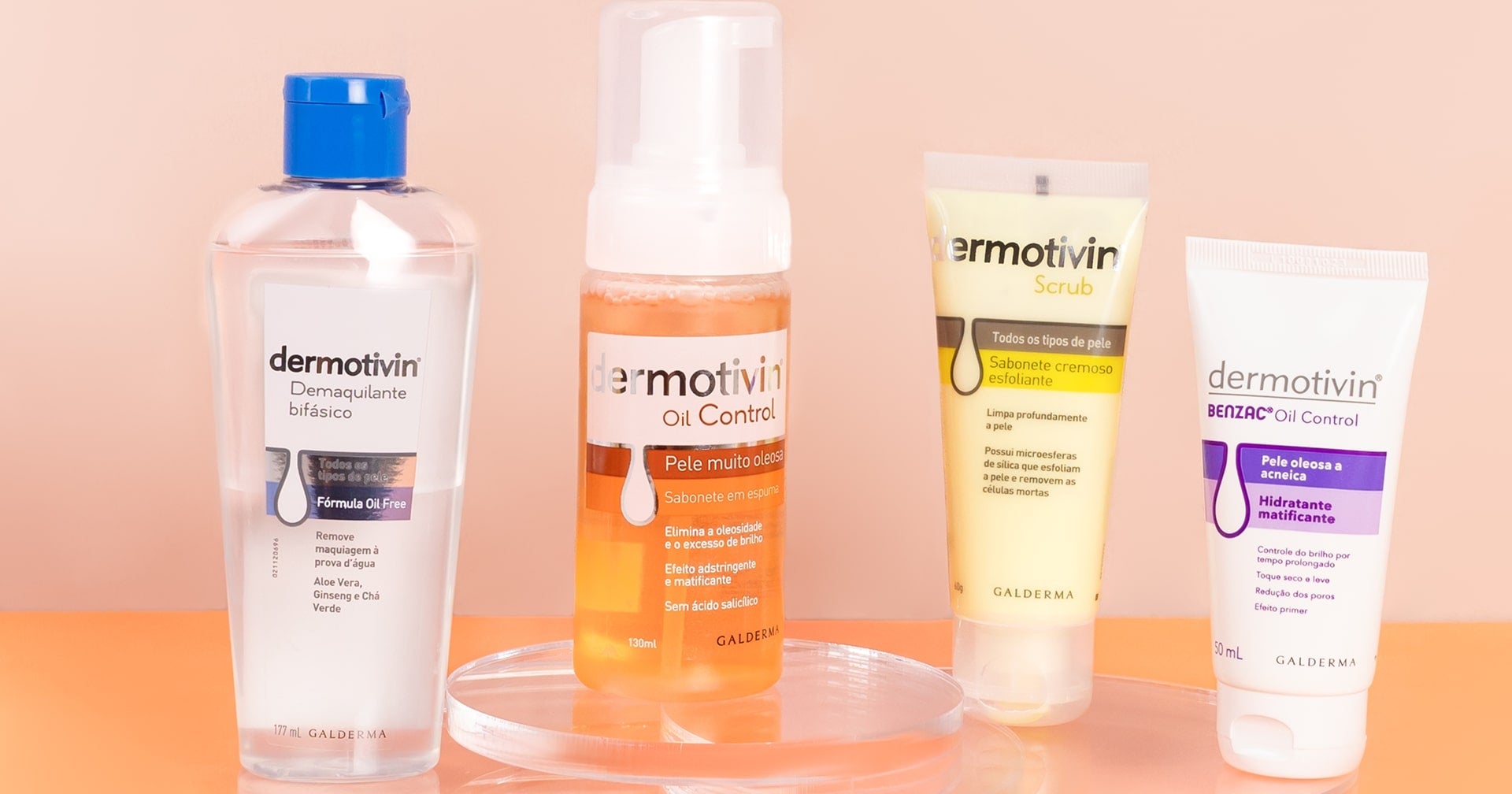 Produtos para rotina de cuidados para pele oleosa e com acne: da esquerda para a direita, Demaquilante Bifásico Dermotivin, Sabonete em Espuma Dermotivin Oil Control, Esfoliante Dermotivin e Hidratante Matificante Benzac.