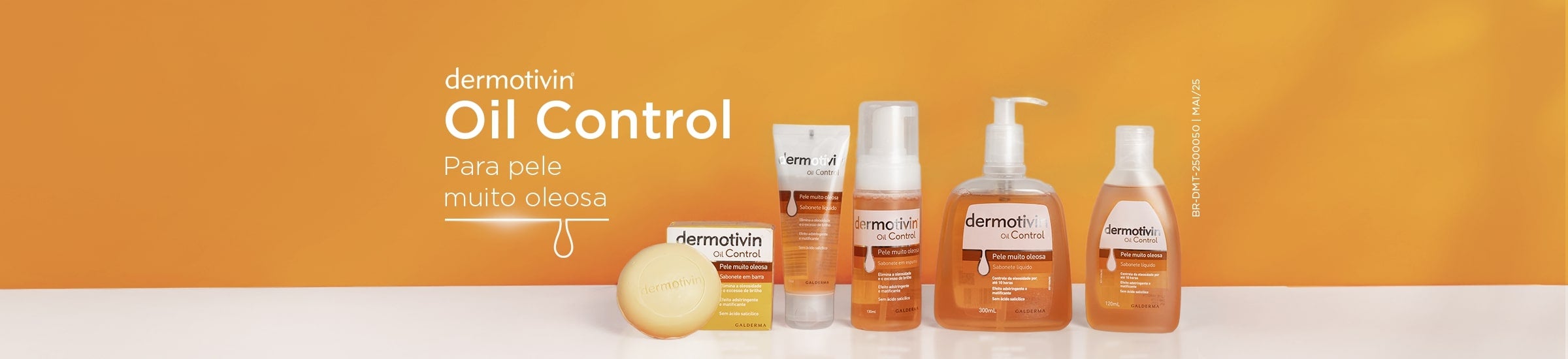 Banner horizontal com a linha de produtos Dermotivin Oil Control para pele muito oleosa, apresentando cinco produtos em tons de laranja e marrom. Inclui um sabonete em barra, um sabonete líquido em bisnaga, um sabonete em espuma, um sabonete líquido com pump e um sabonete líquido em frasco menor.