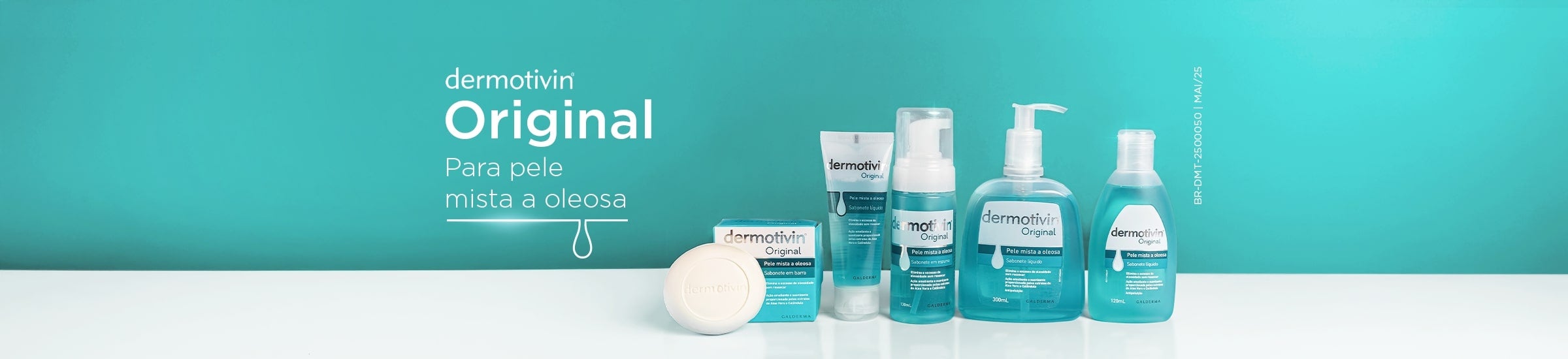 Banner horizontal com a linha Dermotivin Original para pele mista a oleosa, exibindo cinco produtos em tons de azul-petróleo: um sabonete em barra, um sabonete líquido em bisnaga, um sabonete em espuma, um sabonete líquido com pump e um sabonete líquido em frasco menor.