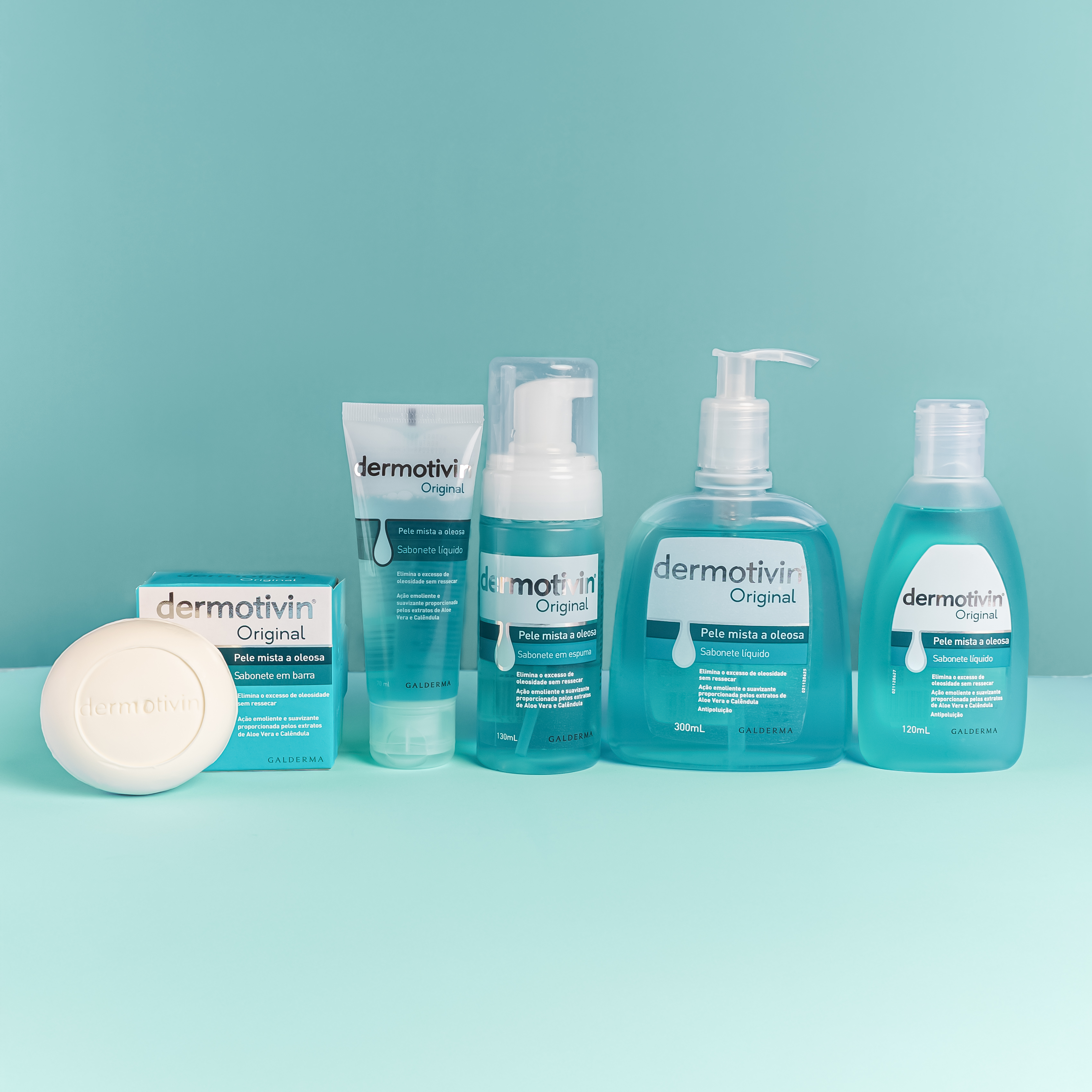 Produtos Dermotivin Original para limpeza antes da maquiagem para pele muito oleosa: sabonete líquido, em barra, em espuma e gel. Solução completa para uma rotina eficaz.