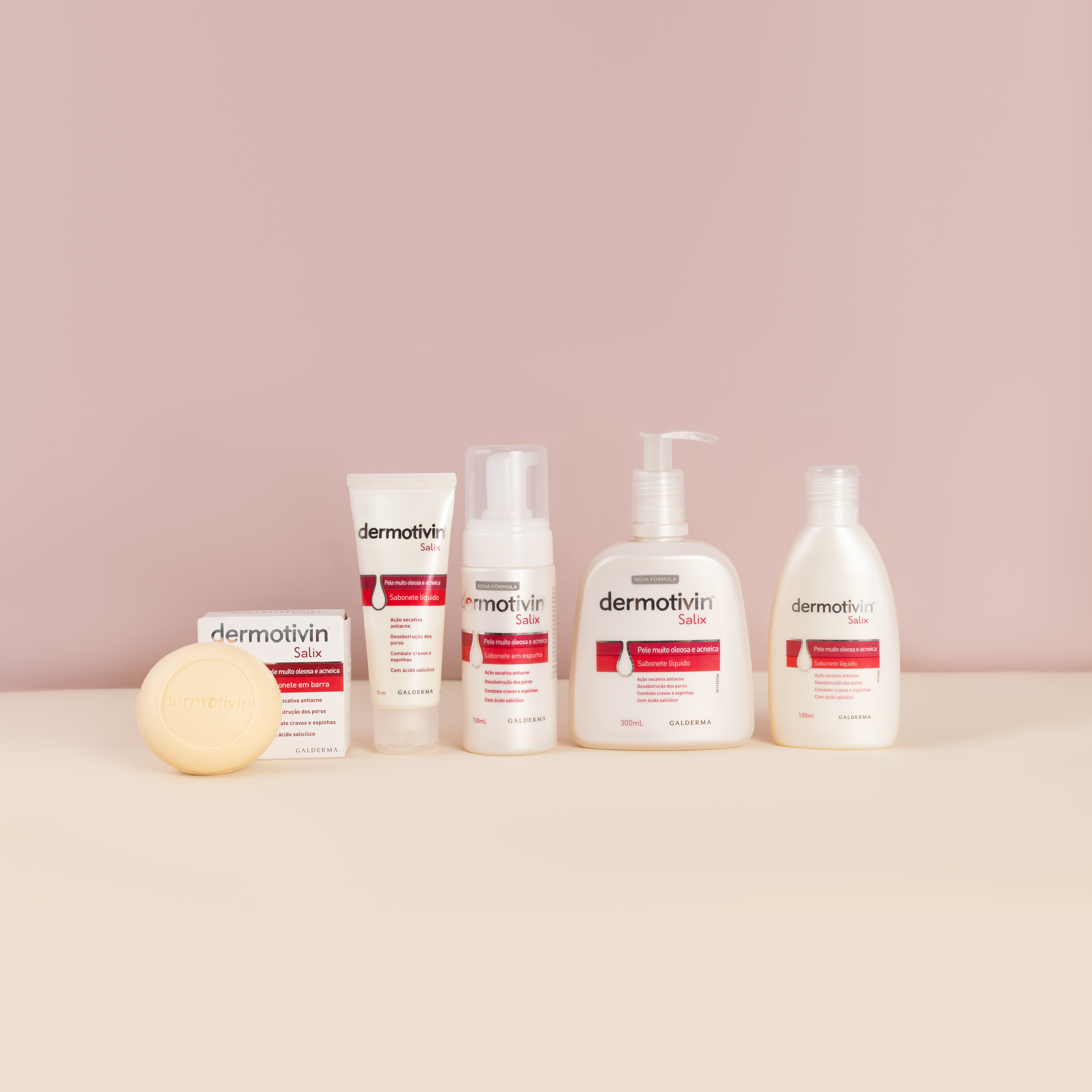 Produtos Dermotivin Salix para limpeza antes da maquiagem para pele muito oleosa: sabonete líquido, em barra, em espuma e gel. Solução completa para uma rotina eficaz.